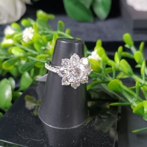 Huge Moissanite Silver Floral Ring Sz 7